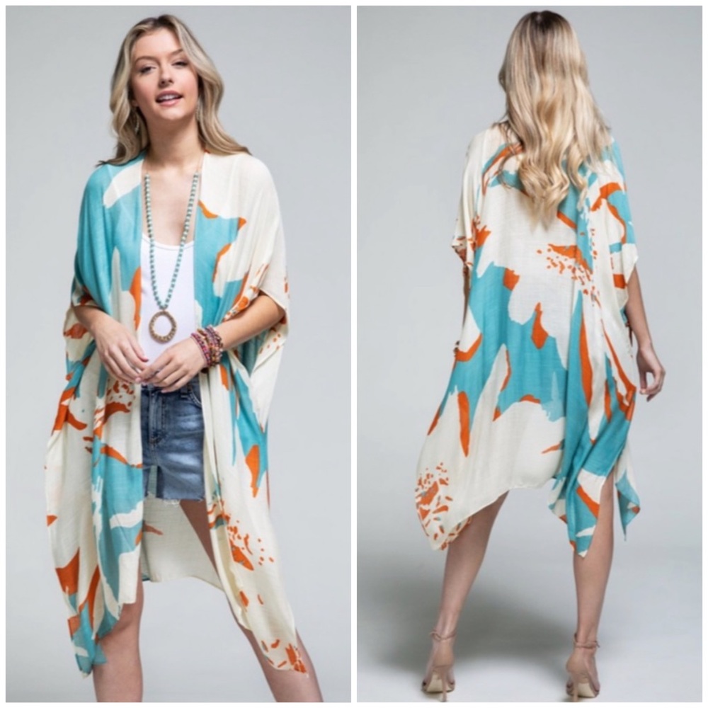 SOLD OUT Aquamarine Long Floral Sweeping Summer Vacation Casual Coverup Wrap - Picture 1 of 4